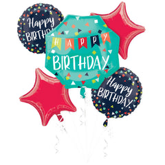 Colorful Happy Birthday Foil Balloon Bouquet - 5 Piece Set