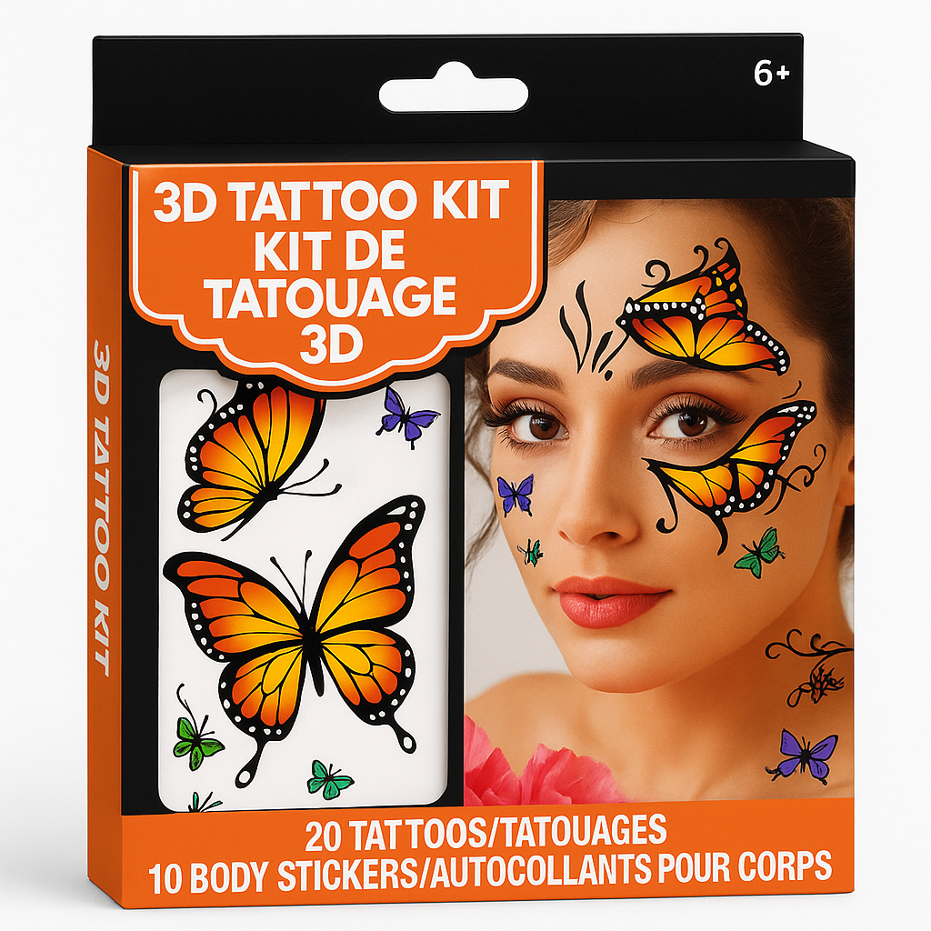 3D Monarch Butterfly Temporary Tattoos & Stickers Set for Halloween