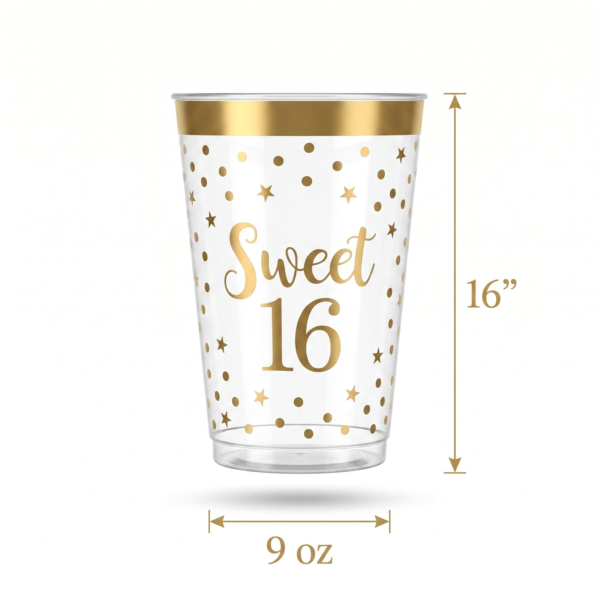 Sweet 16 Metallic Gold Plastic Cups, 9oz, 30 Pack