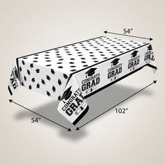"Congrats Grad" Reusable Plastic Table Cover, Black/White, 54x84-in for Graduation