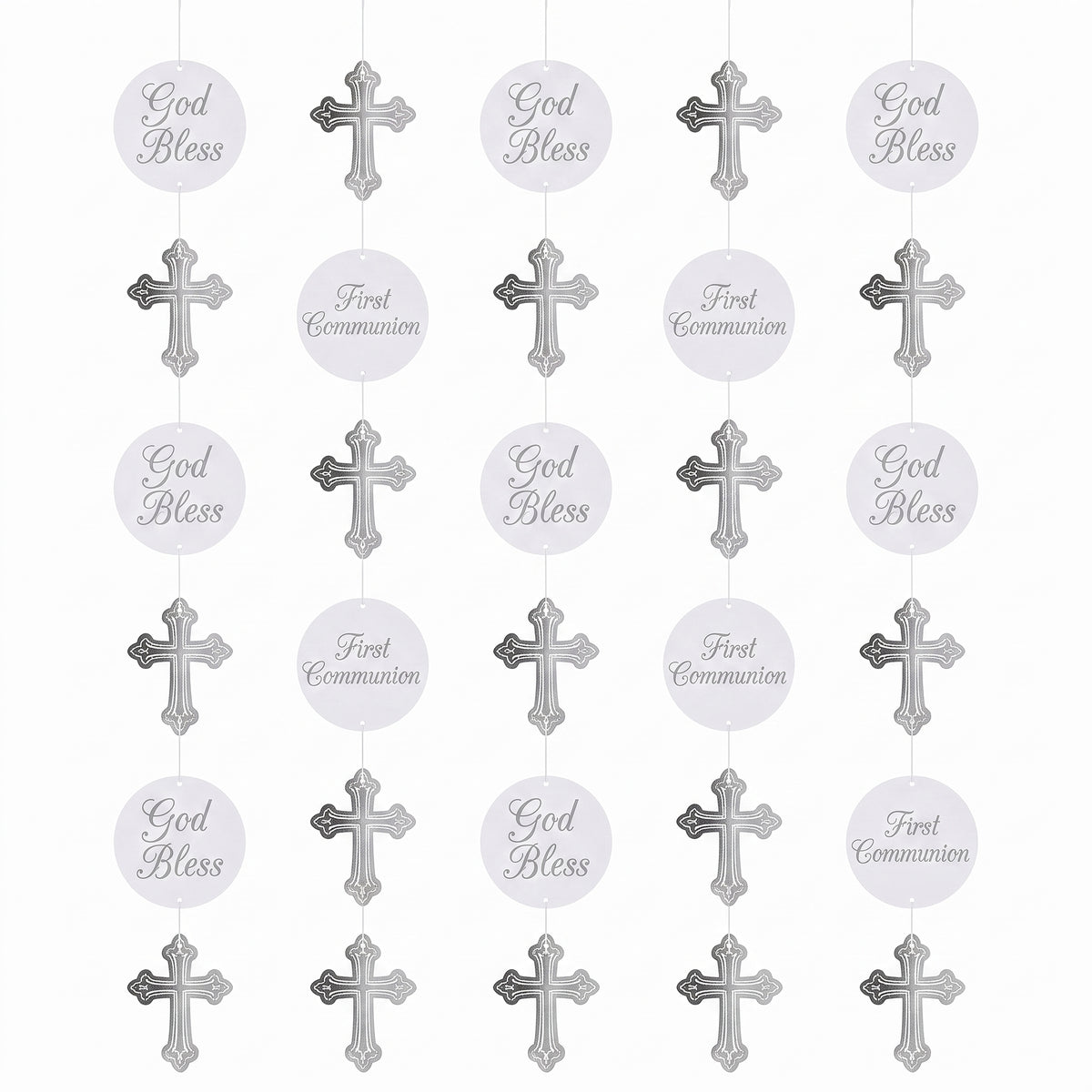 White and Silver Communion Hanging String Decorations, 5-ft, 5-Pack