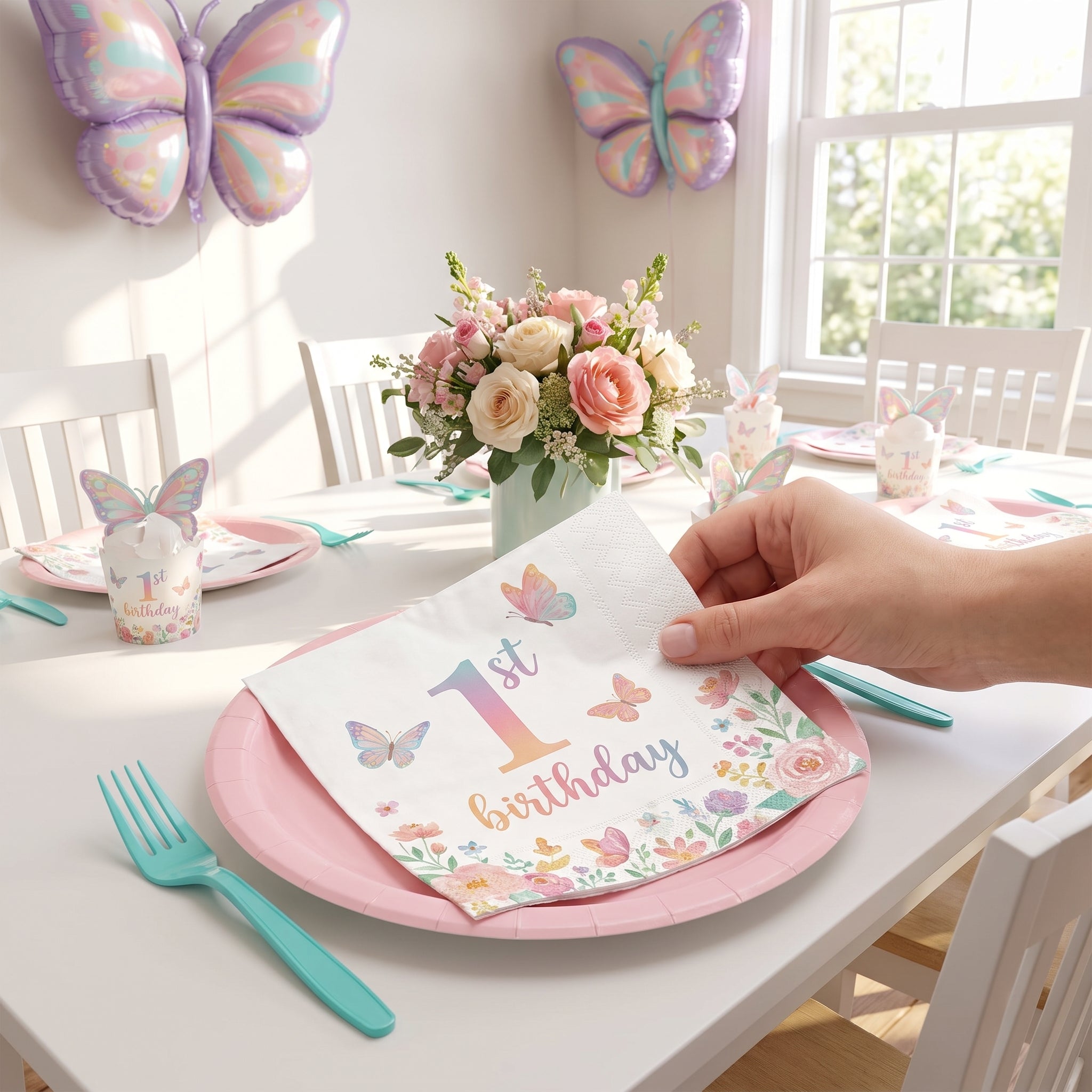 Butterfly Garden 1st Birthday Lunch Napkins - 6.5 In. x 6.5 In.