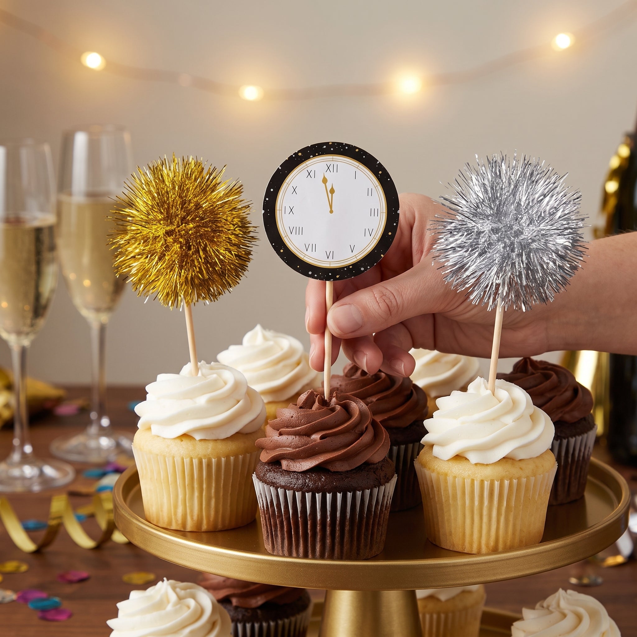 New Year's Eve Countdown Clock & Tinsel Party Picks, 16-Pack