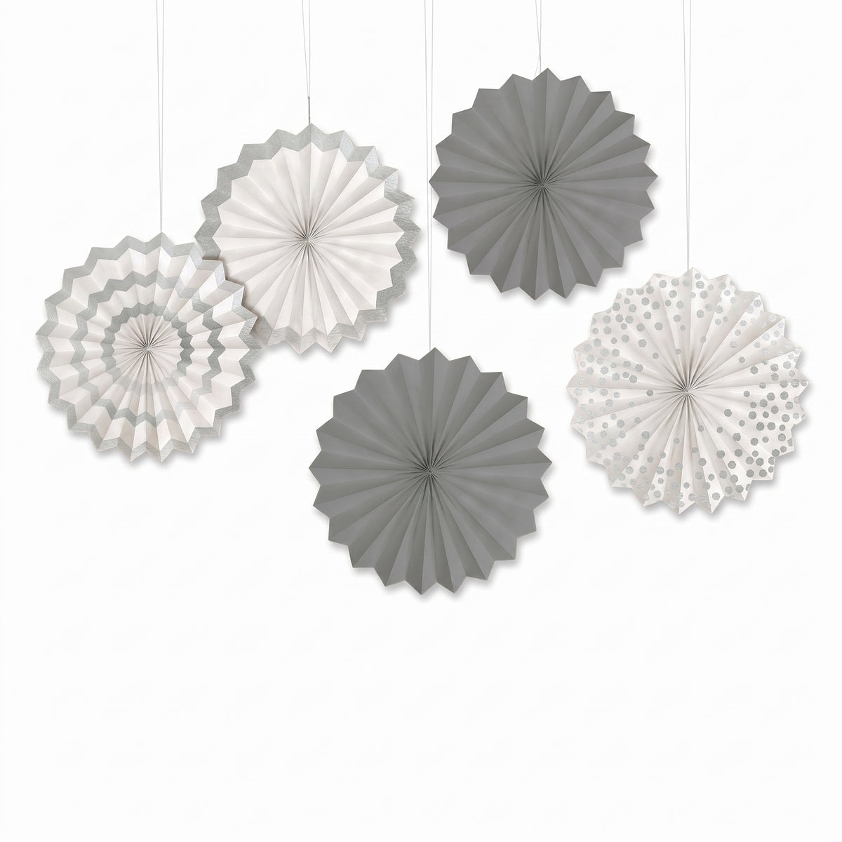 Silver Patterned Paper Fan Decorations - 5 Inch, 5-Pack
