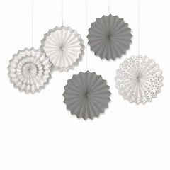 Silver Patterned Paper Fan Decorations - 5 Inch, 5-Pack
