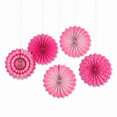 Bright Pink Patterned Paper Fan Decorations - 5 Inch, 5-Pack