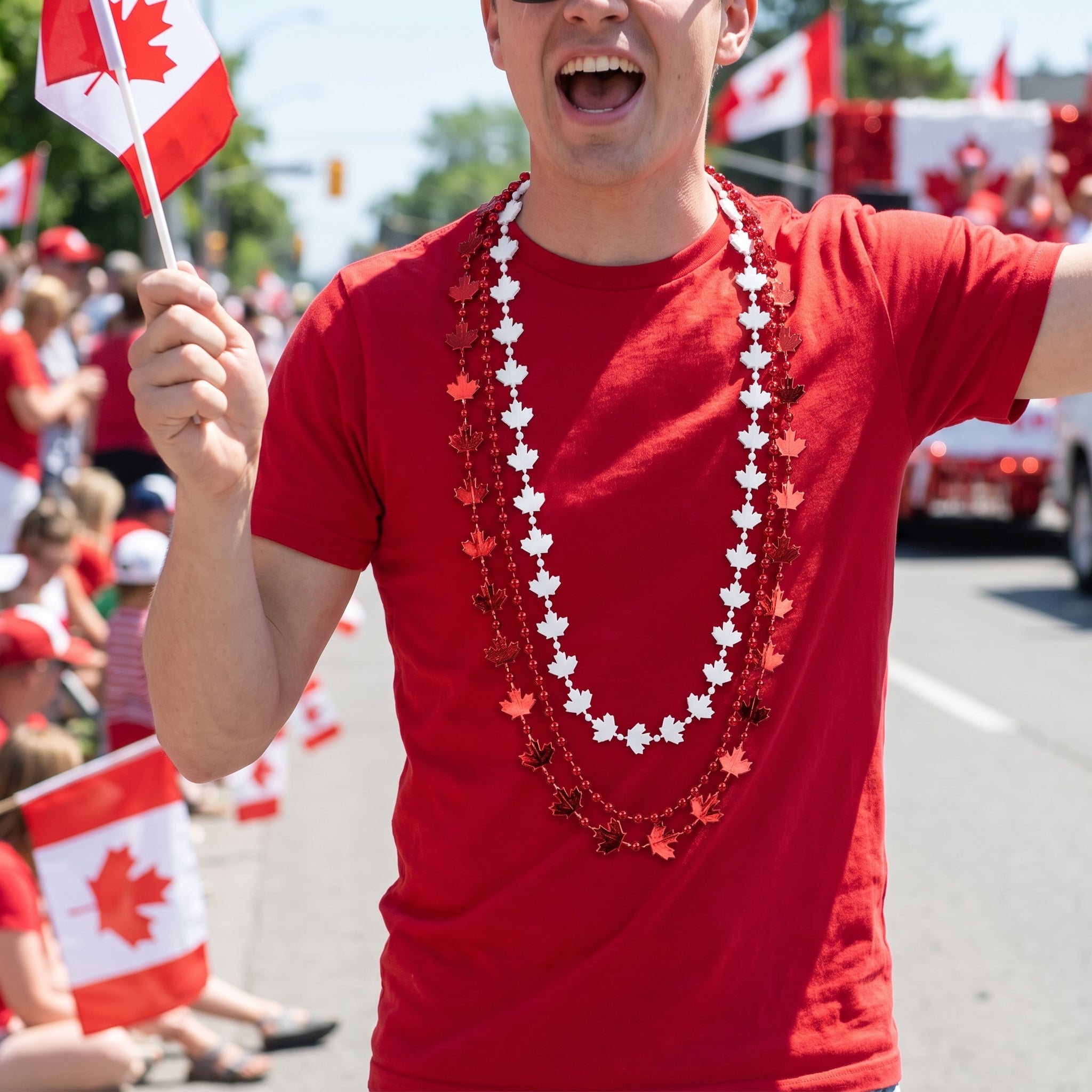 Canada Day Maple Leaf Bead Necklaces, Red & White, 3-Pack
