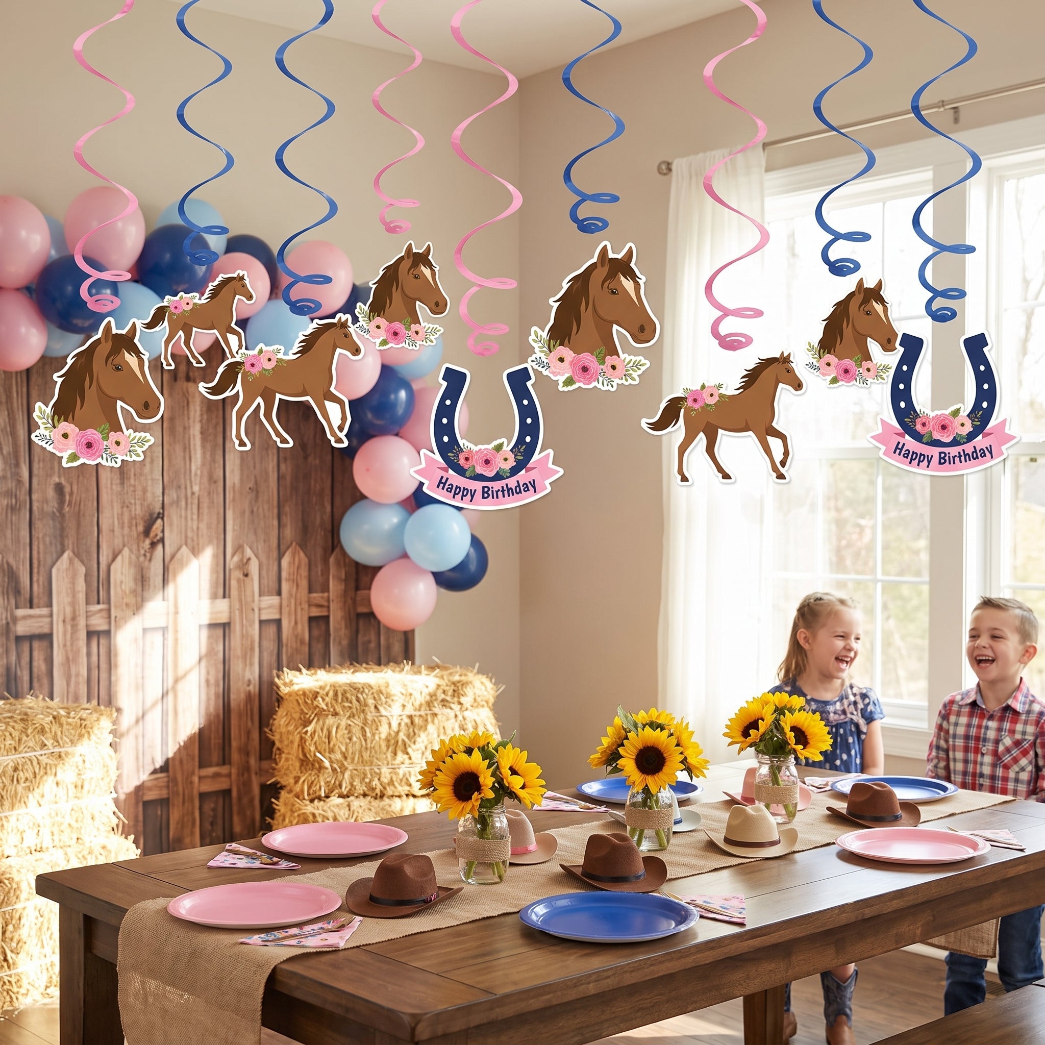 Saddle Up Western Birthday Swirl Decorations - Pink & Blue, 12-Pack