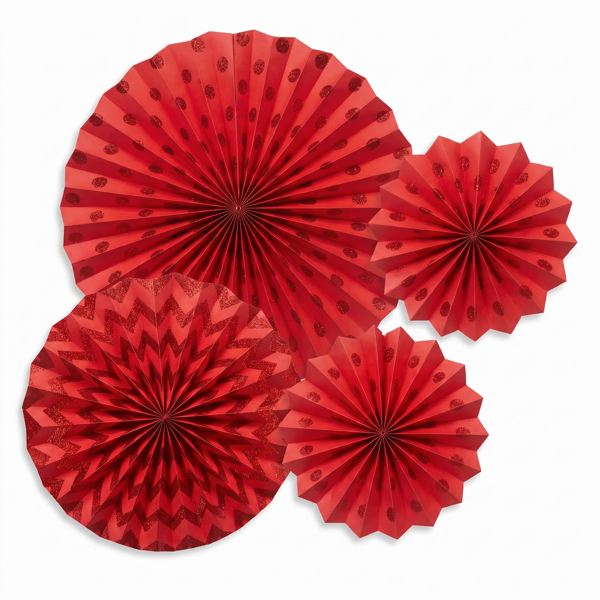 Red Glitter Paper Fan Decorations - Set of 4