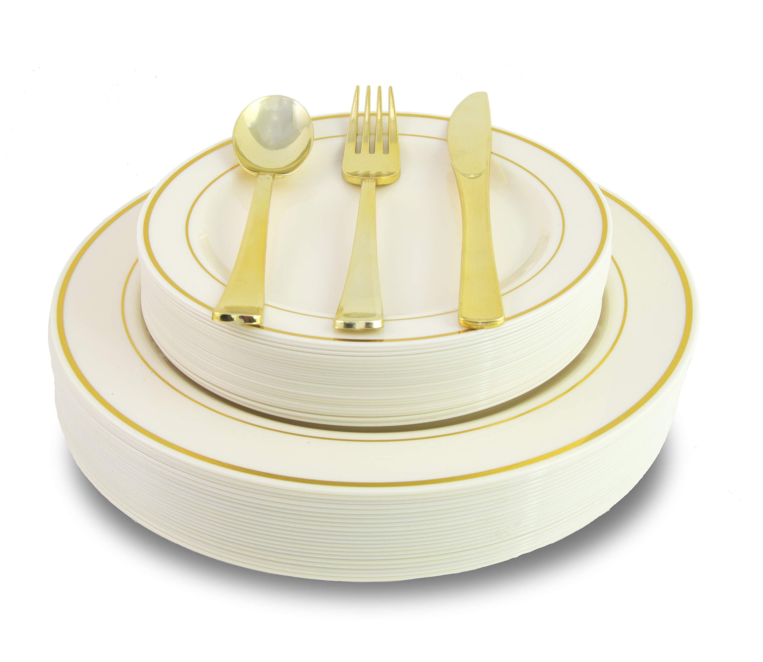 9 In. Cream/Gold Line Design Plates | 10 Count