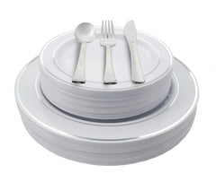 9 In. White/ Silver Line Design Plates | 10 Count