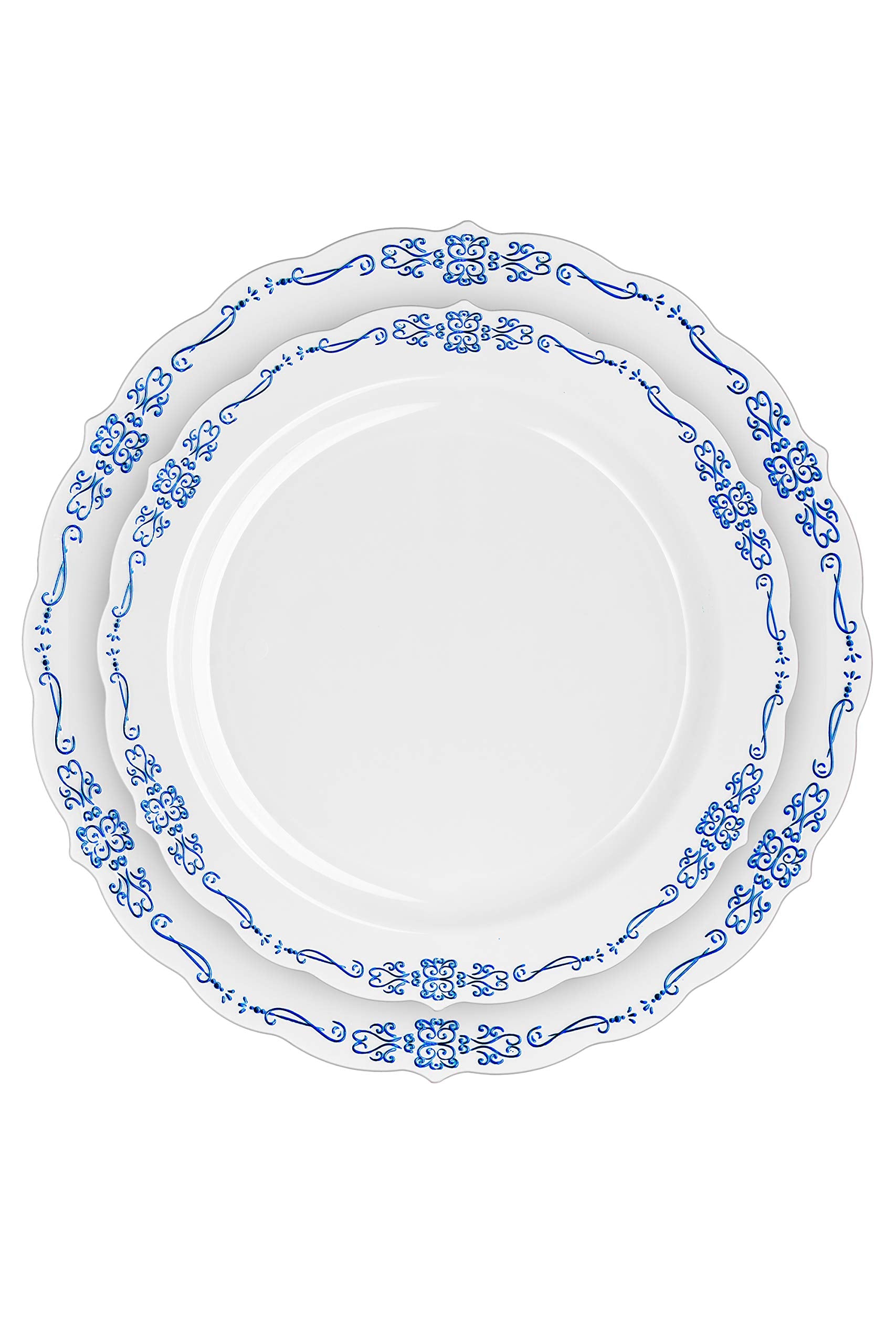 9 In. White / Navy Victorian Design Plates | 20 Count