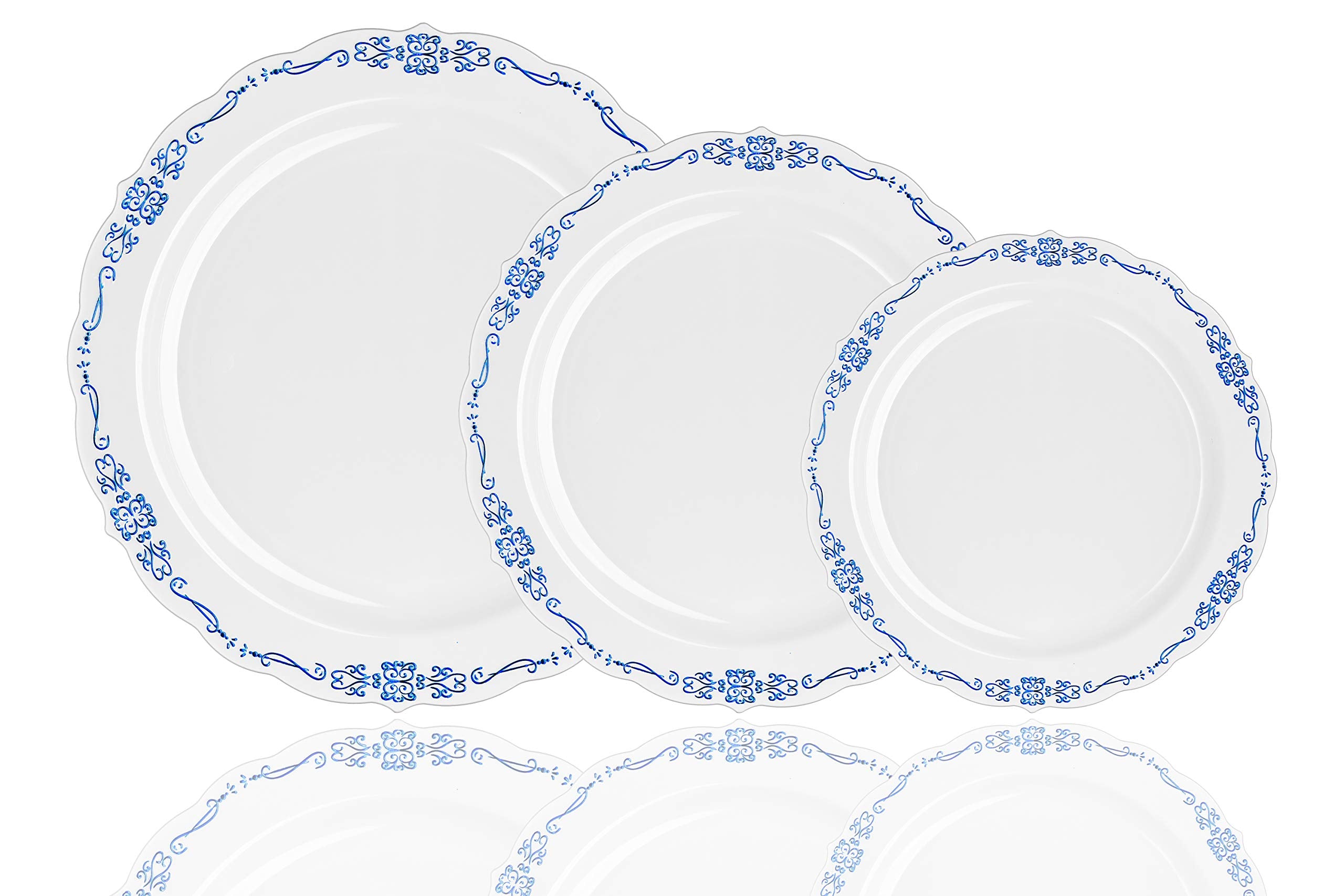 9 In. White / Navy Victorian Design Plates | 20 Count