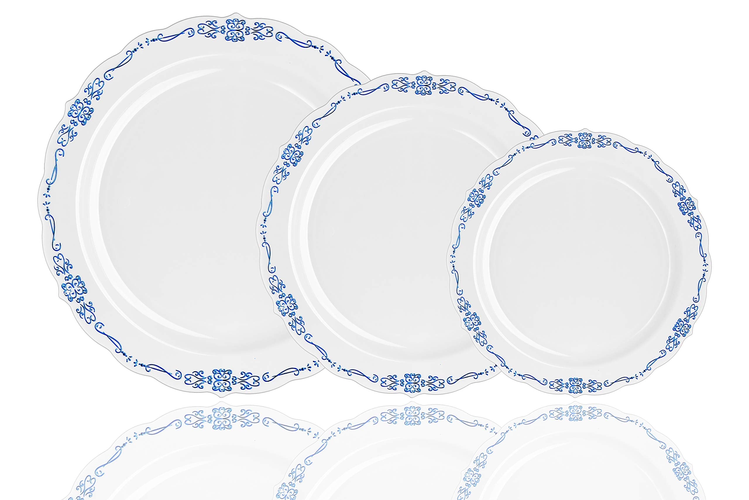 9 In. White/Navy Victorian Design Plastic Plates | 120 Count