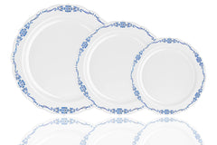 9 In. White/Navy Victorian Design Plastic Plates | 120 Count