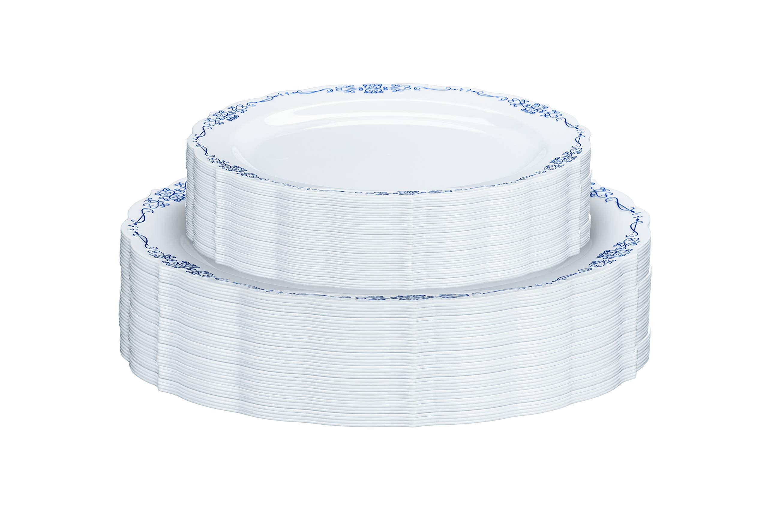 9 In. White / Navy Victorian Design Plates | 20 Count