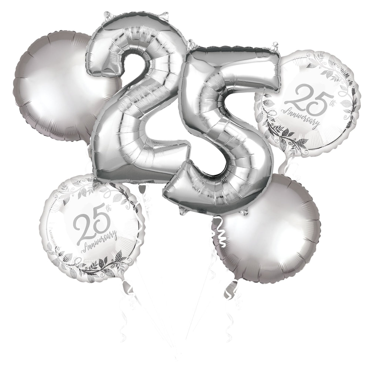 Silver 25th Anniversary Foil Balloon Bouquet - 5 Piece Set