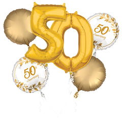 Golden 50th Anniversary Foil Balloon Bouquet - 5 Piece Set