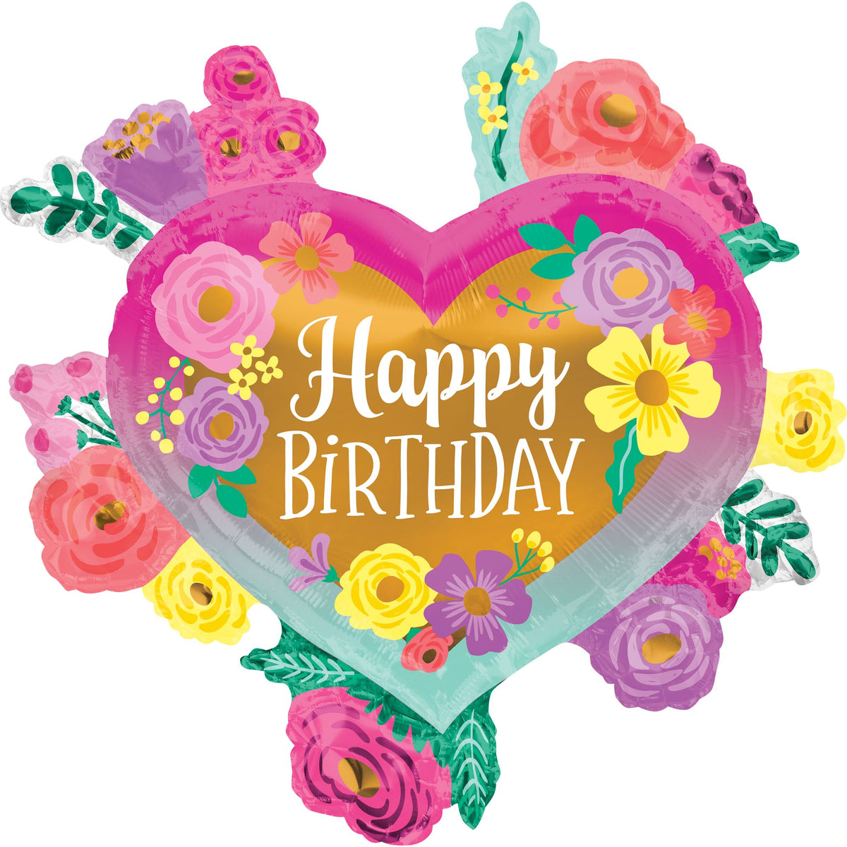 Vibrant Painted Flower Happy Birthday Super Shape Foil Balloon