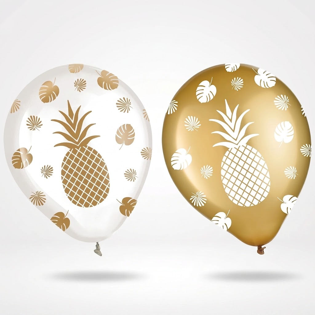 Elegant Pineapple Printed Latex Balloons - 12" Gold and Clear