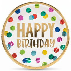 Multicolour Metallic Happy Dots Birthday Dinner Plates, 10.5-Inch, 8-Pack