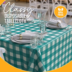 Teal Gingham Plastic Table Cover - 54 In. x 108 In.