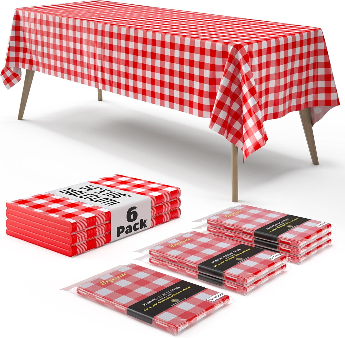 Red Gingham Plastic Table Covers | 6 Pack - 54 In. x 108 In.