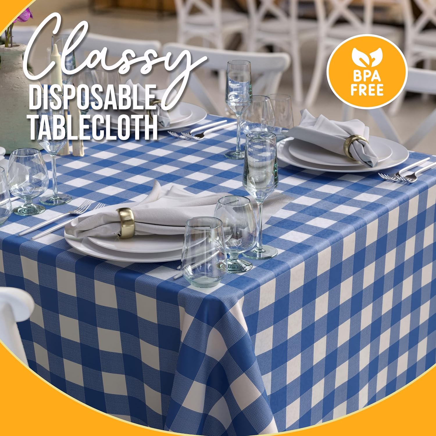 Blue Gingham Plastic Table Cover - 54 In. x 108 In.
