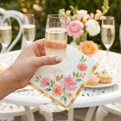 Romantic Floral Beverage Napkins with Gold Trim - 16 Pack - 5 In. X 5 In.