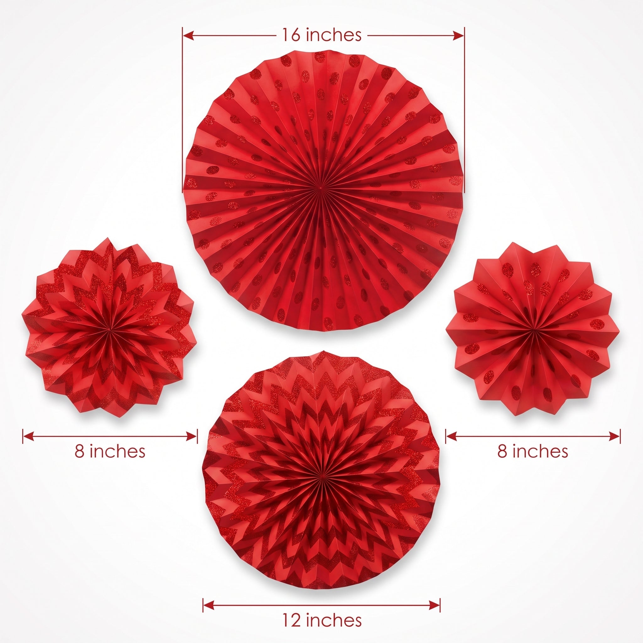 Red Glitter Paper Fan Decorations - Set of 4