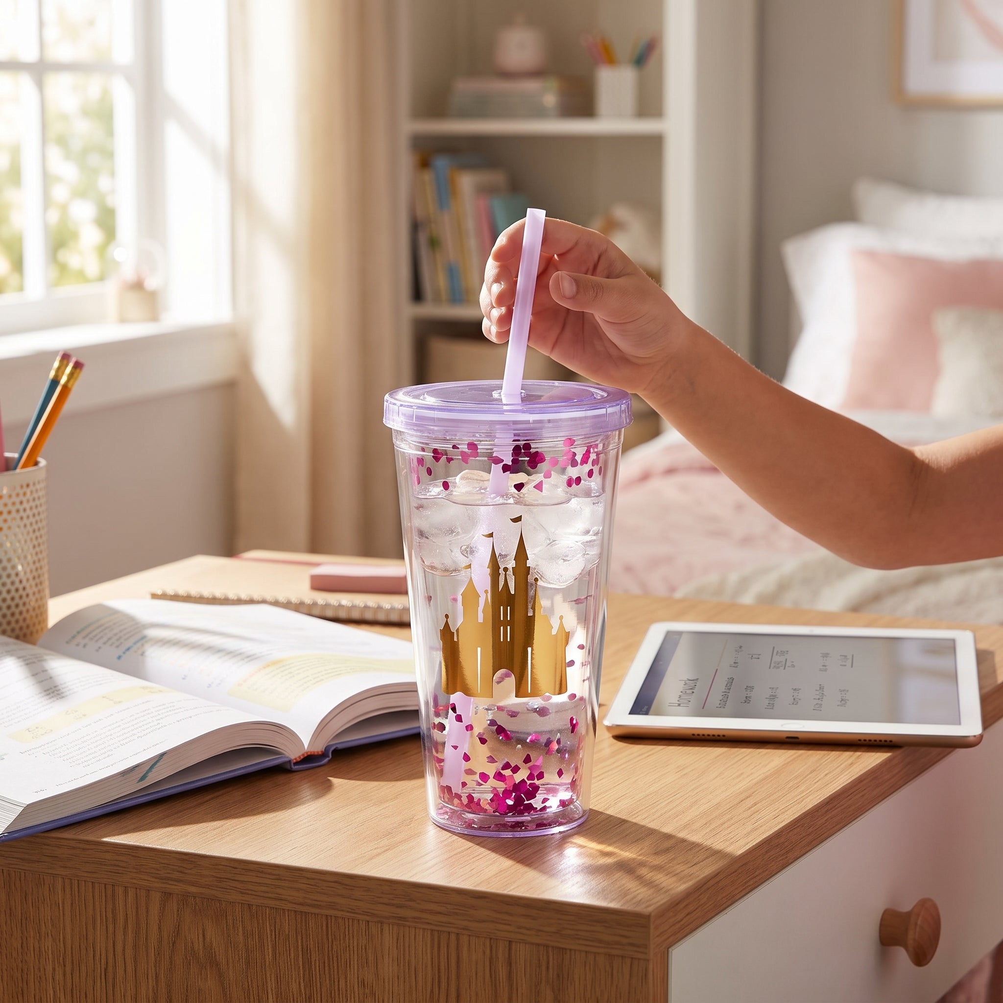 Disney Princess Glitter Confetti Tumbler Cup with Straw - 16oz