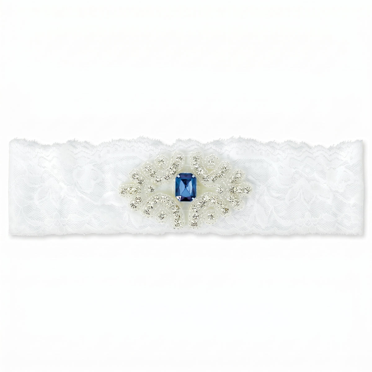 Something Blue Bridal Garter - White Lace Wedding Garter with Sapphire Rhinestone Applique, Plus Size Keepsake Garter for Bride