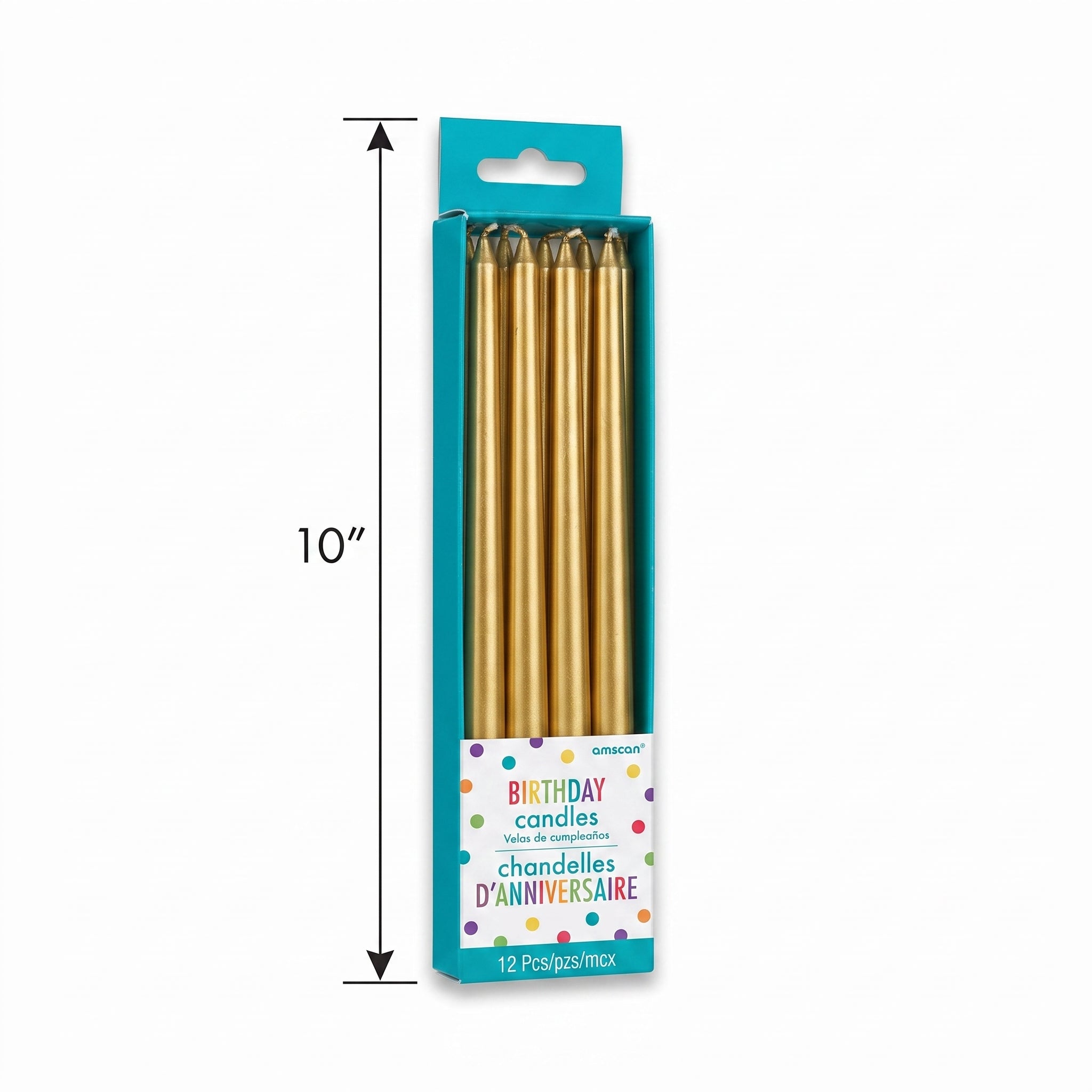 Gold Thin Taper Birthday Candles, 10-Inch, 12-Pack