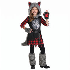 Kids' She-Wolf Halloween Costume with Faux Fur and Plaid Accents
