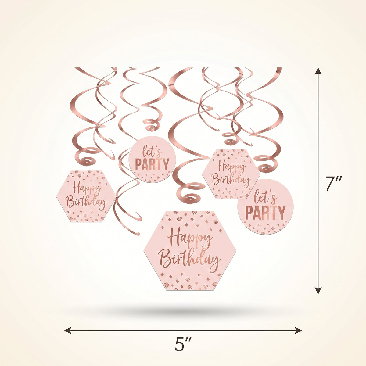 Blush Birthday Swirl Hanging Decorations, Rose Gold, 12-Pack