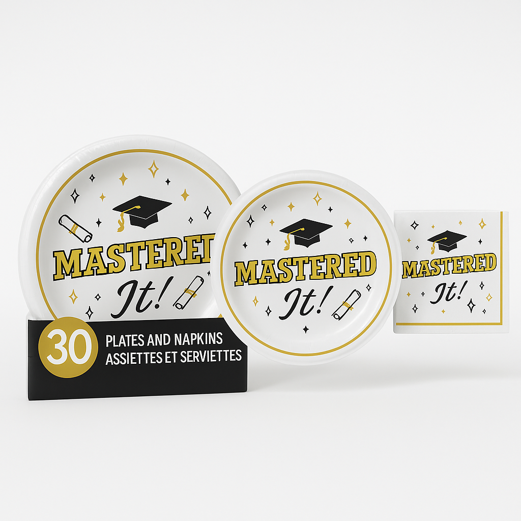 "Mastered It" Graduation Party Plate & Napkin Value Pack, 9-Inch, 30-Pack