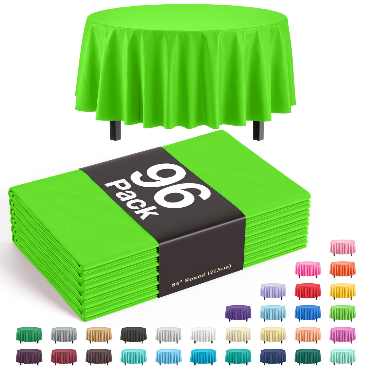 Premium Round Lime Green Plastic Table Cover | Case of 96