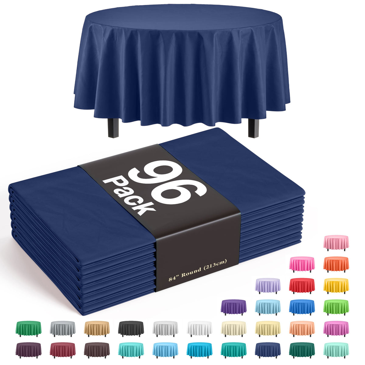 Premium Round Navy Blue Plastic Table Cover | Case of 96