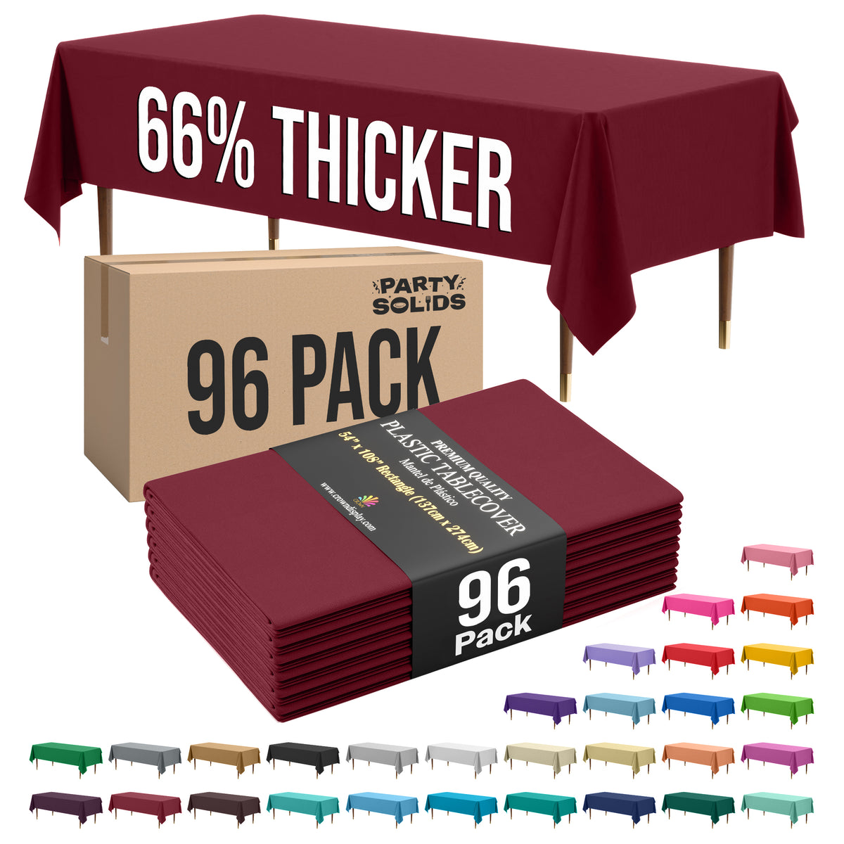 Premium Burgundy Plastic Table Cover | Case of 96 | 54 in. x 108 in.