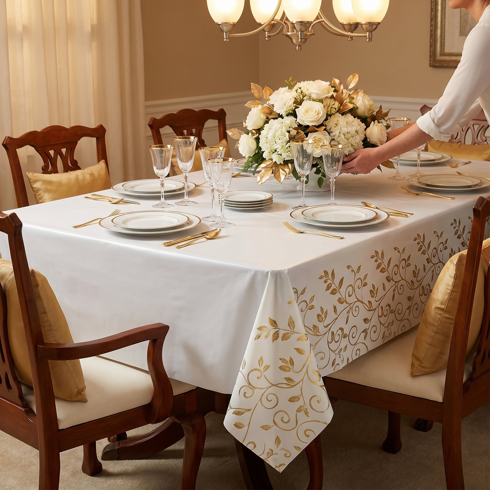 50th Anniversary White and Gold Plastic Table Cover - Elegant Floral Vine Rectangular Party Tablecloth, Wipeable Disposable Tablecloth for Wedding Anniversary Decor, 54 x 102
