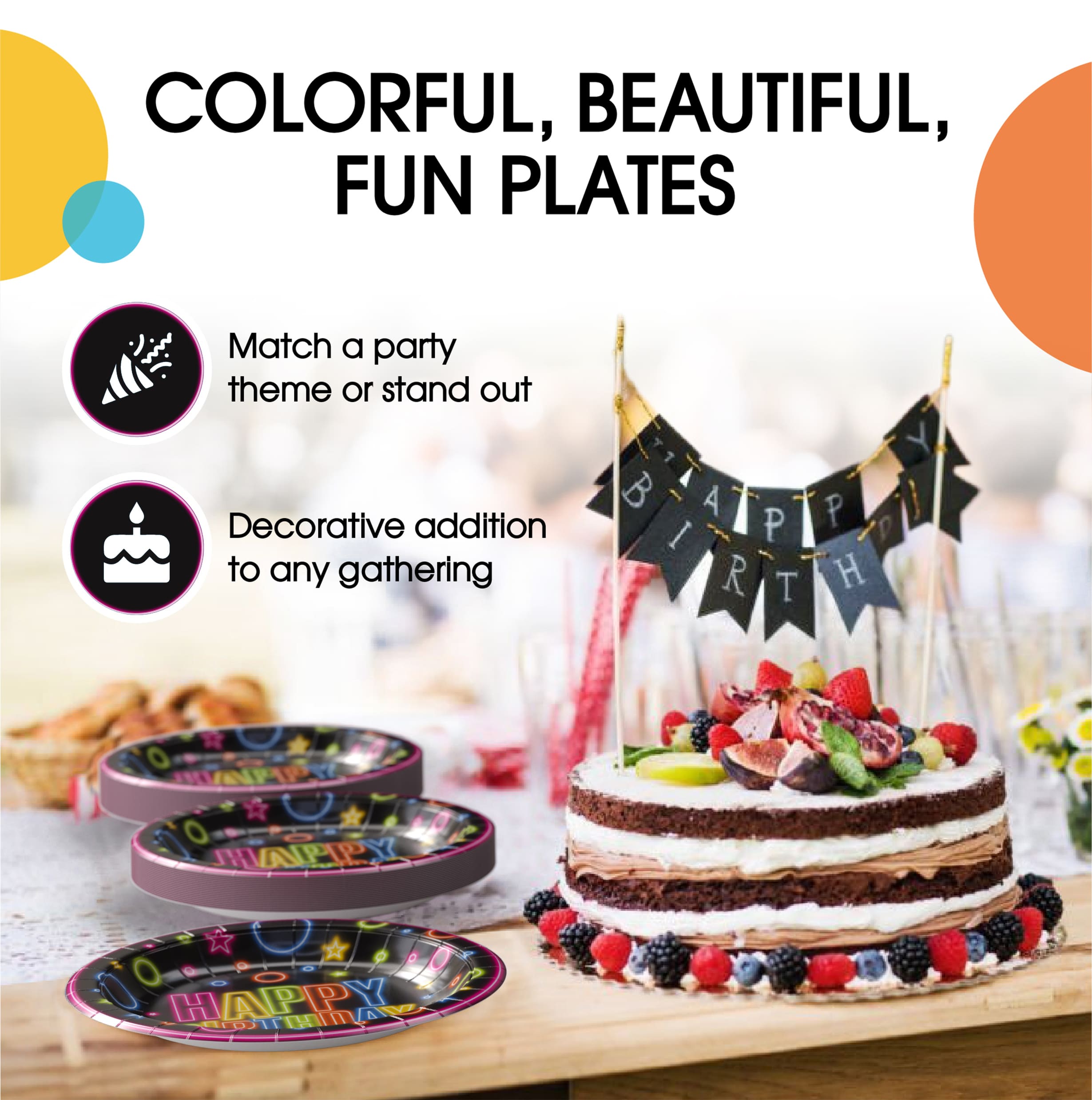 7 In. Neon Birthday Print Paper Plates - 50 Ct.