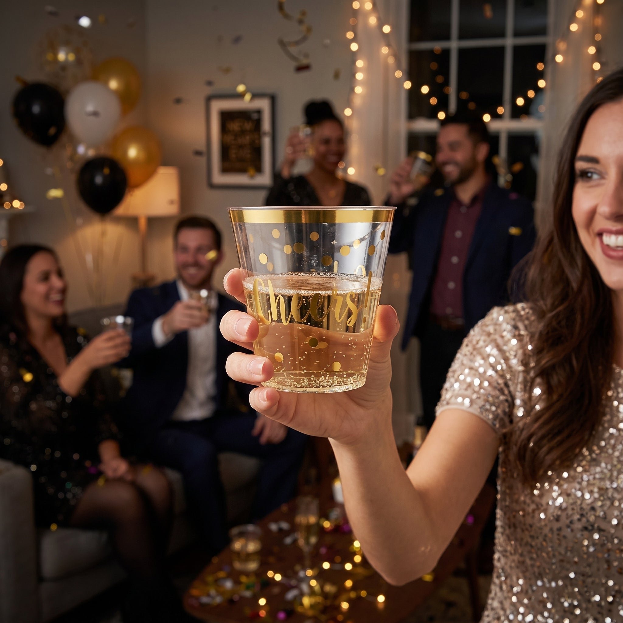 Cheers to a New Year 9oz Plastic Tumblers - Gold Polka Dot Design, 30 Pack