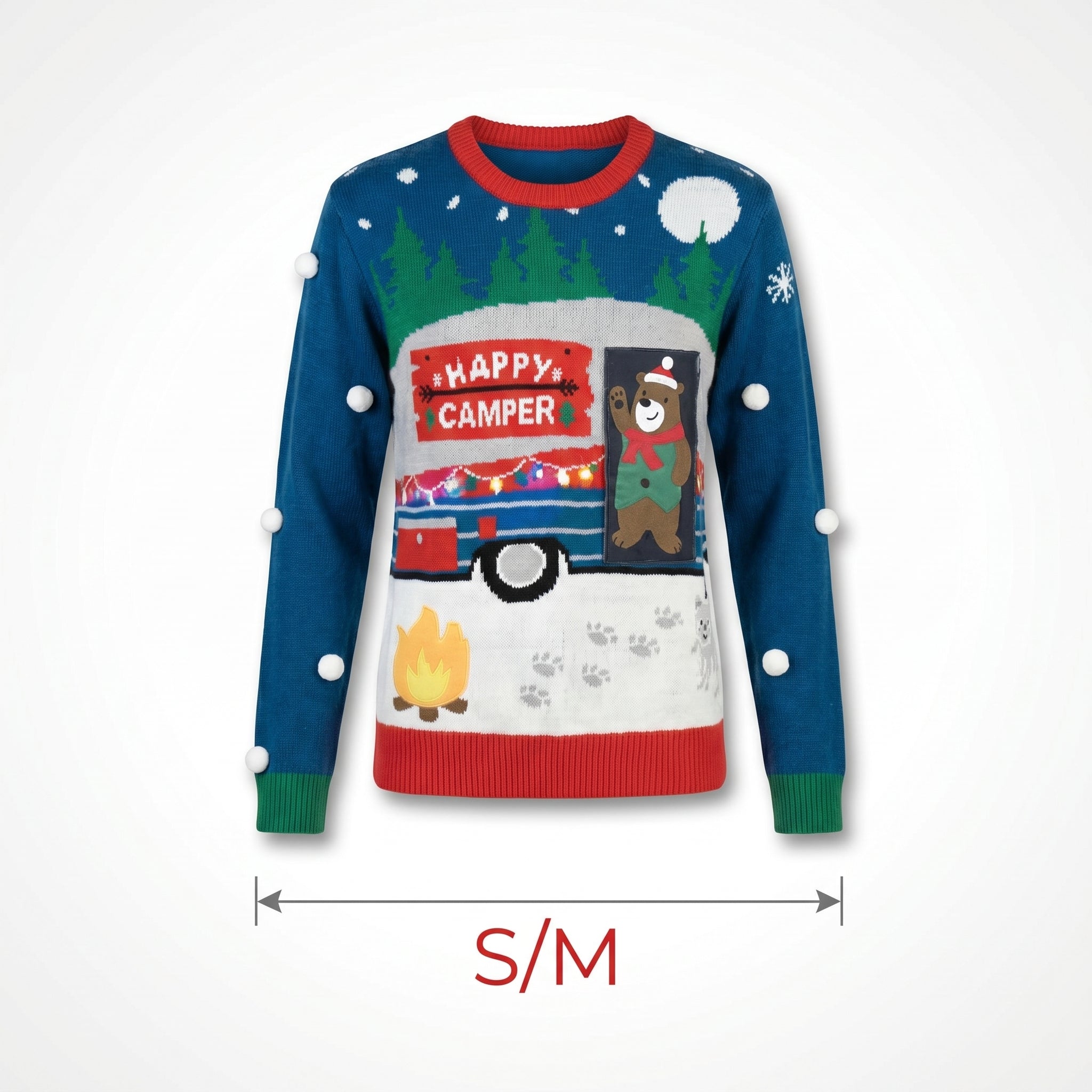 Ugly Christmas Sweater Women Pullover - Light Up Happy Camper Interactive Holiday Sweater with LED Lights, Bear Flap, 3D Details - Adult S/M