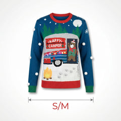 Ugly Christmas Sweater Women Pullover - Light Up Happy Camper Interactive Holiday Sweater with LED Lights, Bear Flap, 3D Details - Adult S/M