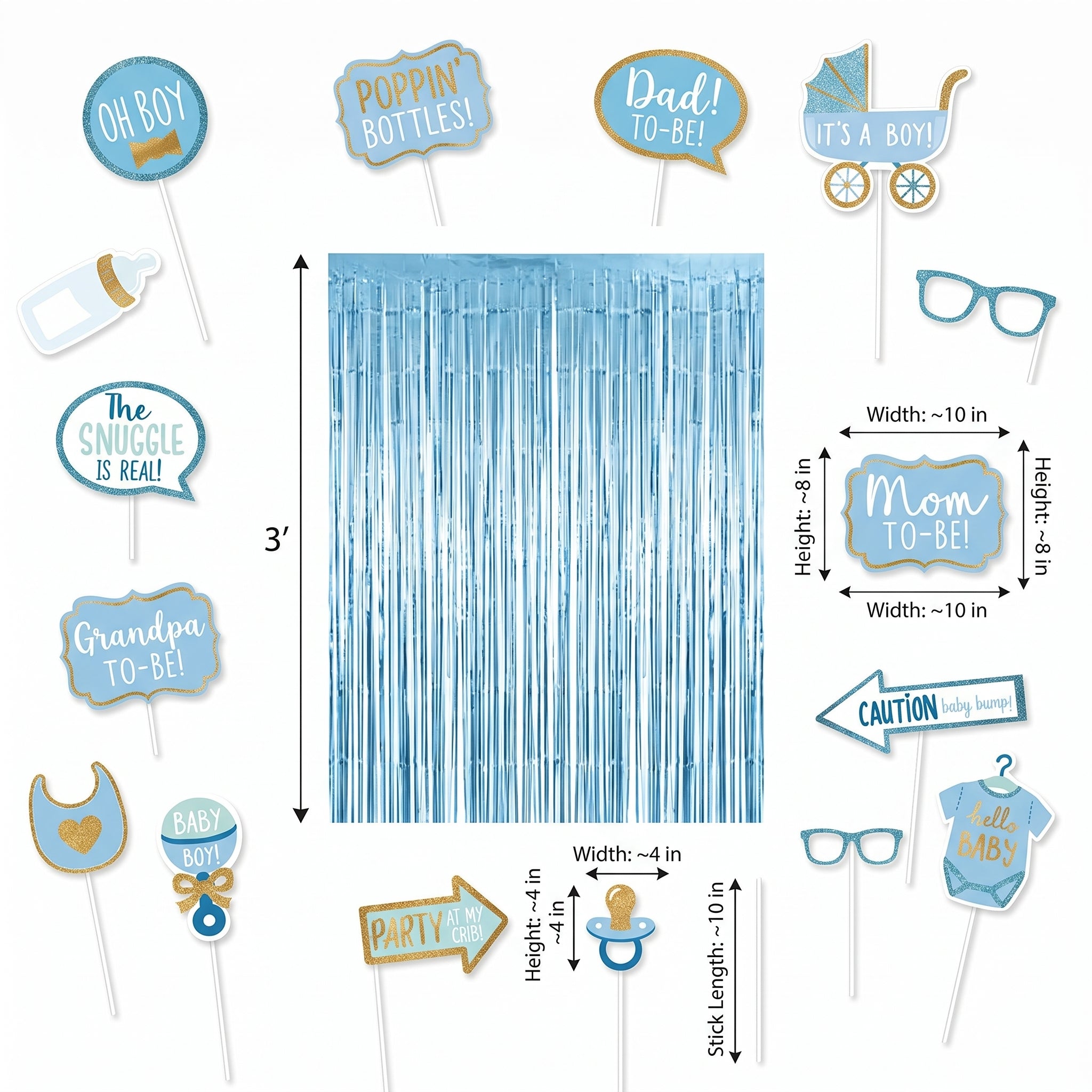 Glitter Baby Boy Shower Photo Booth Prop Kit with Blue Fringe Backdrop, 21-Piece Set
