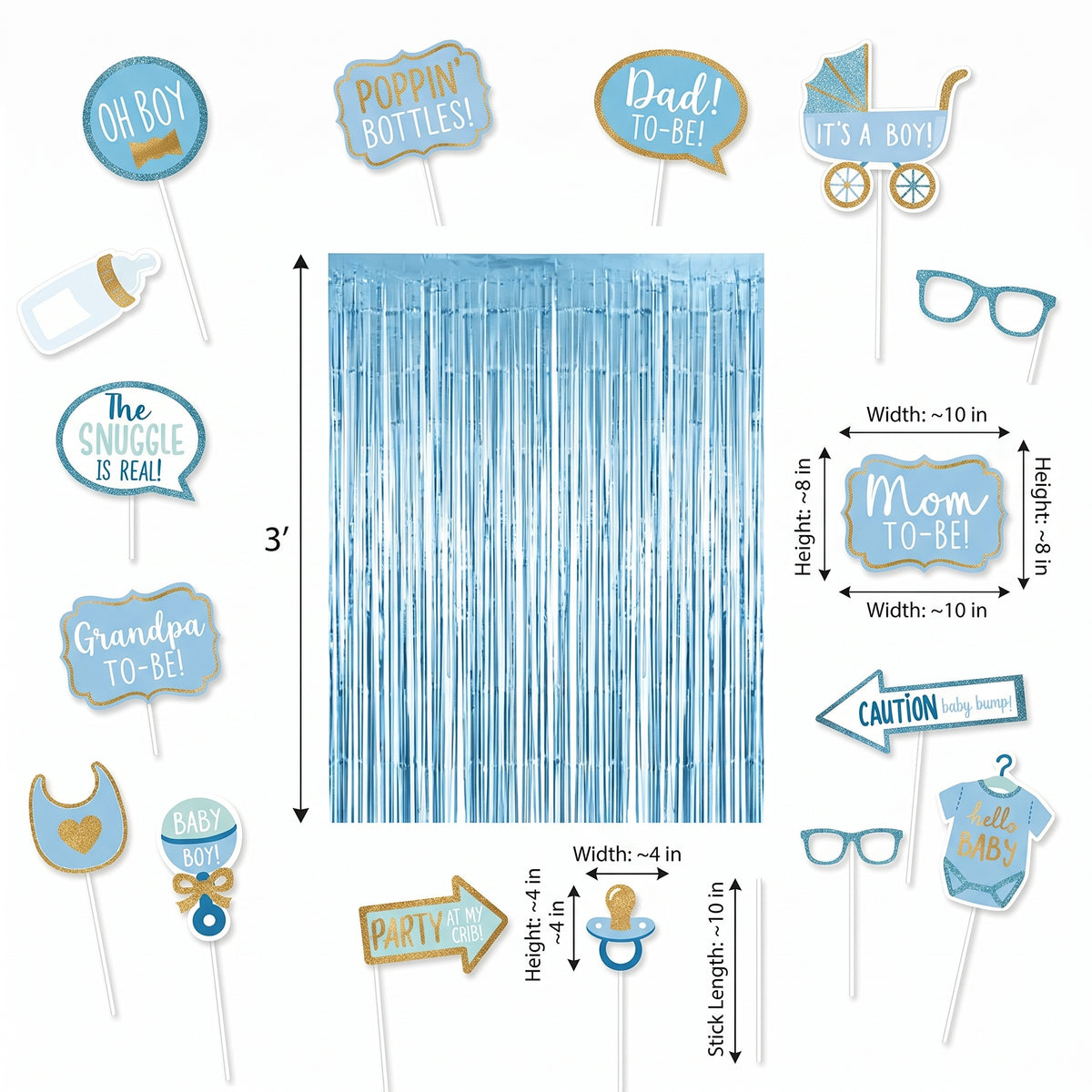 Glitter Baby Boy Shower Photo Booth Prop Kit with Blue Fringe Backdrop, 21-Piece Set