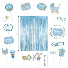 Glitter Baby Boy Shower Photo Booth Prop Kit with Blue Fringe Backdrop, 21-Piece Set