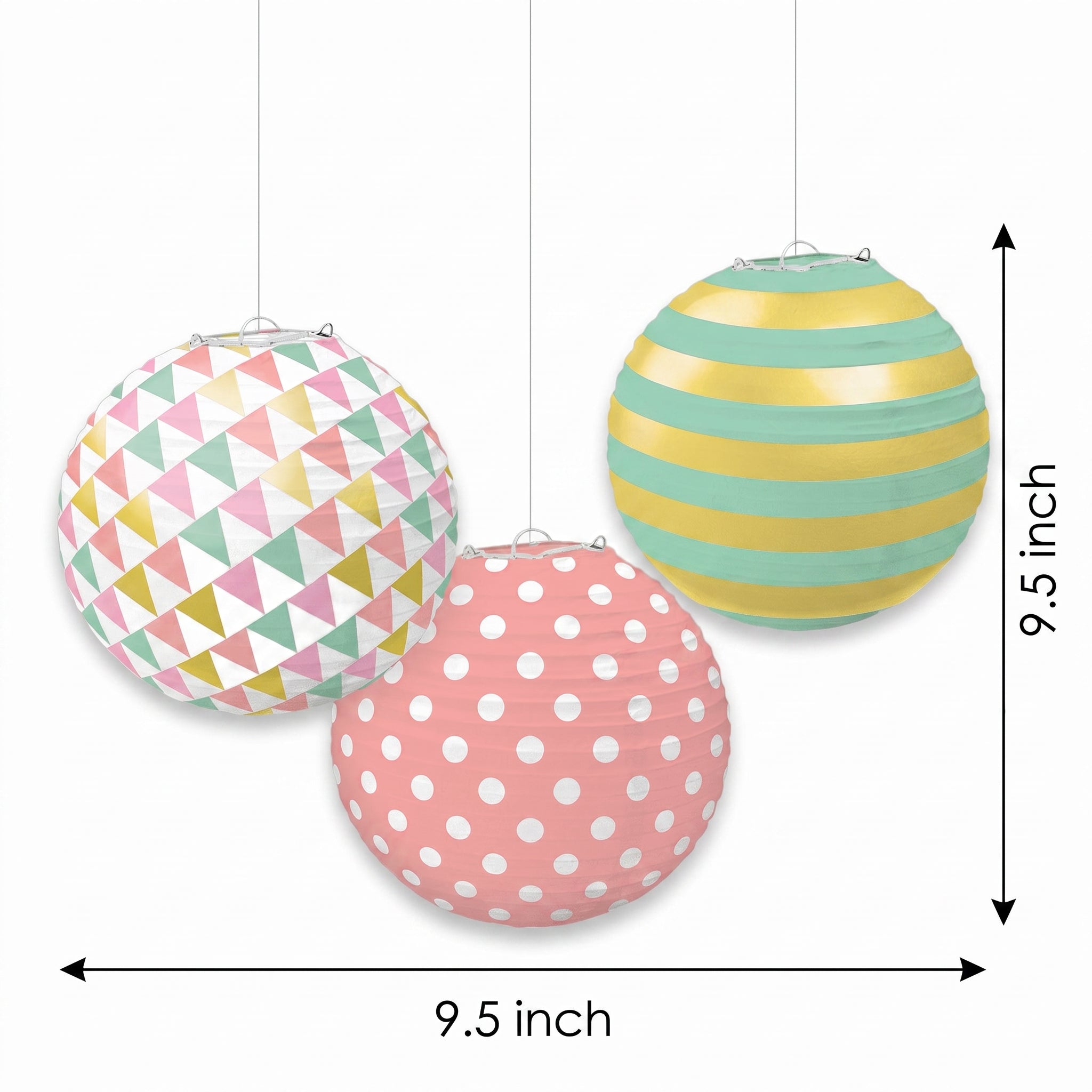 Pastel Paper Lanterns with Polka Dots & Stripes, 9.5-Inch, 3-Pack