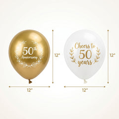 Elegant 50th Anniversary Latex Balloons, White & Gold, 12-Inch, 15-Pack