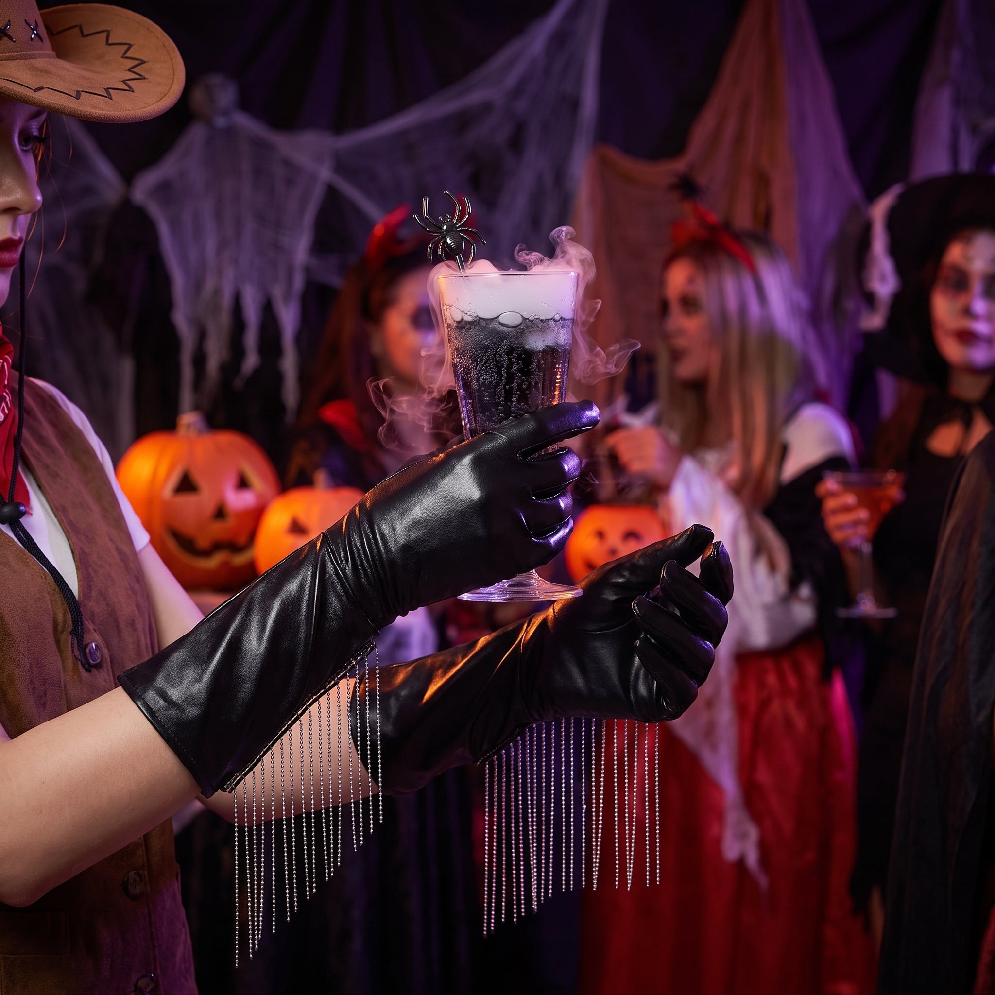 Cowgirl Glam Halloween Gloves with Ball Chain Fringe